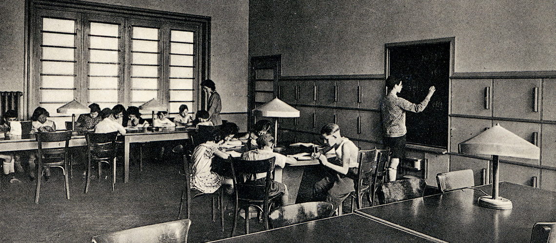 Children study in the classroom of the Dinslaken Jewish orphanage in Germany, circa 1932-1938