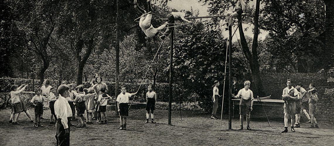 Children play in the backyard of the Dinslaken Jewish orphanage in Germany, circa 1932-1938