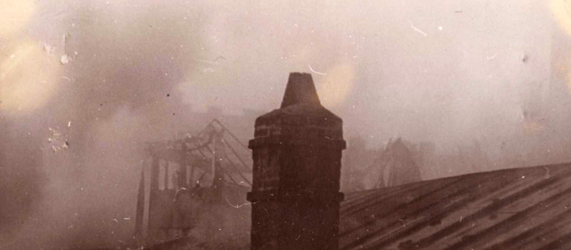 Synagogue in flames during the Kristallnacht pogrom in Vienna, 9-10 November 1938