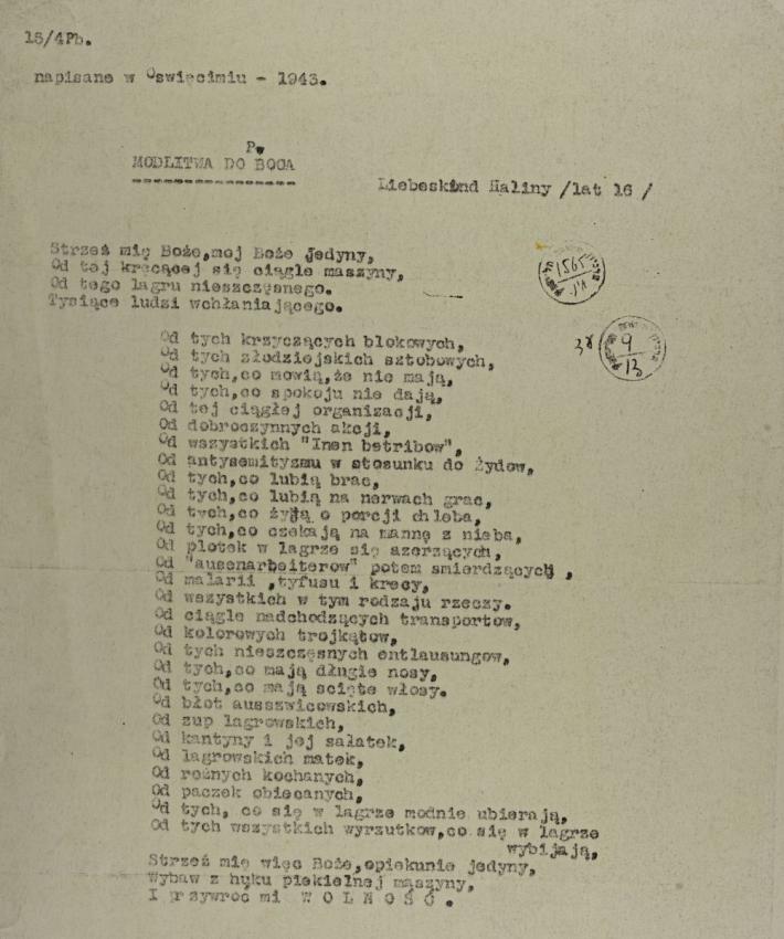 Poem entitled &quot;Prayer to God&quot;, written by Halina Liebeskind in Auschwitz-Birkenau in 1943 and printed after the war.  Halina survived the Holocaust.