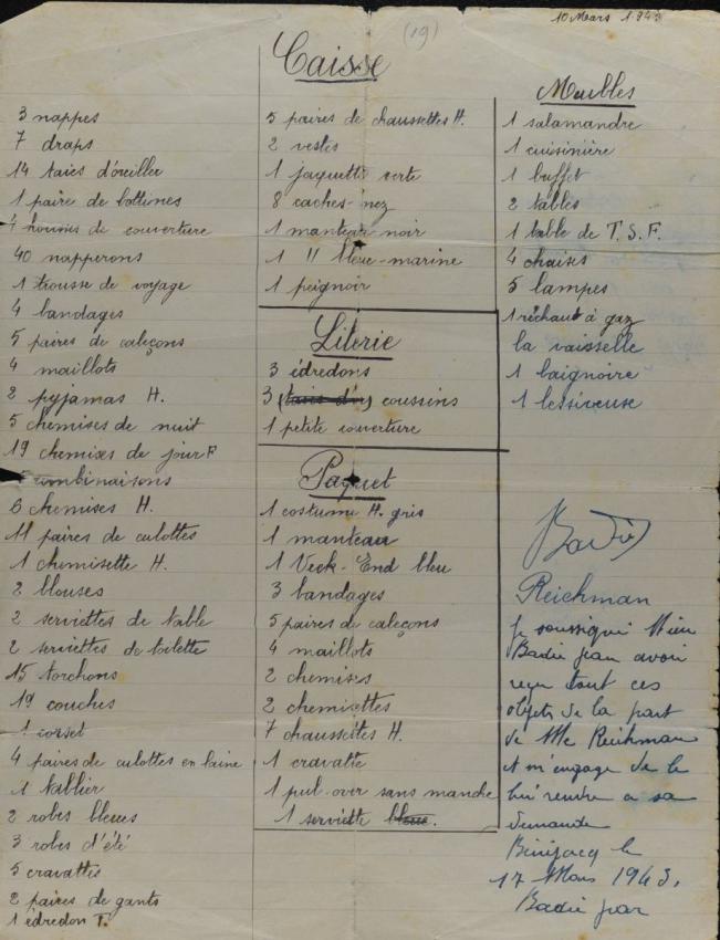 Inventory of the Reichmans' belongings in Bénéjacq, with Jean Badi's signature