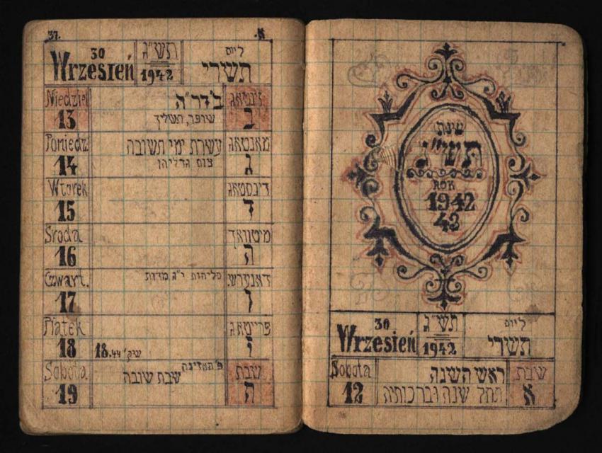 Calendar and diary that Israel Sheiner began to write after fleeing his family home in Pinczow on the holiday of Shemini Atzeret, 1942 