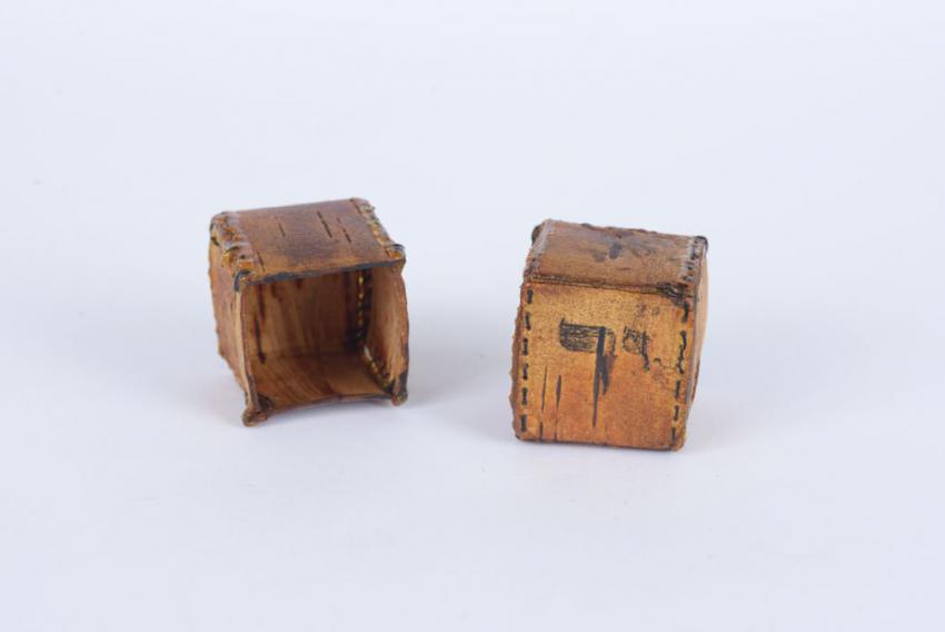 Tefillin (phylacteries) boxes that Joseph Polaniecki carved from white tree bark when he was in a labor camp in Siberia