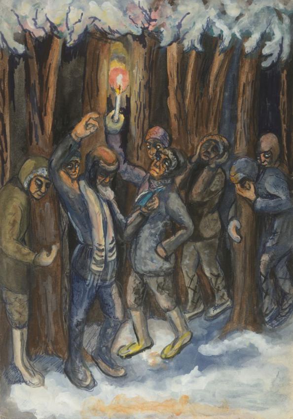 Irena Pisek (1902-1987) Jewish Festivals, Evening Prayer in a Secret Place in the Forest, Gladkovski Possialok, 1940-1941, c. 1960