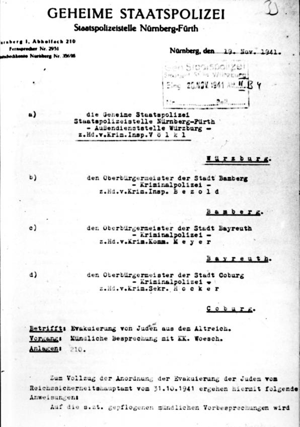 31/10/1941 Nürnberg-Fürth Gestapo orders regarding the deportation of Jews from Würzburg, Bayreuth, Bamberg and Coburg