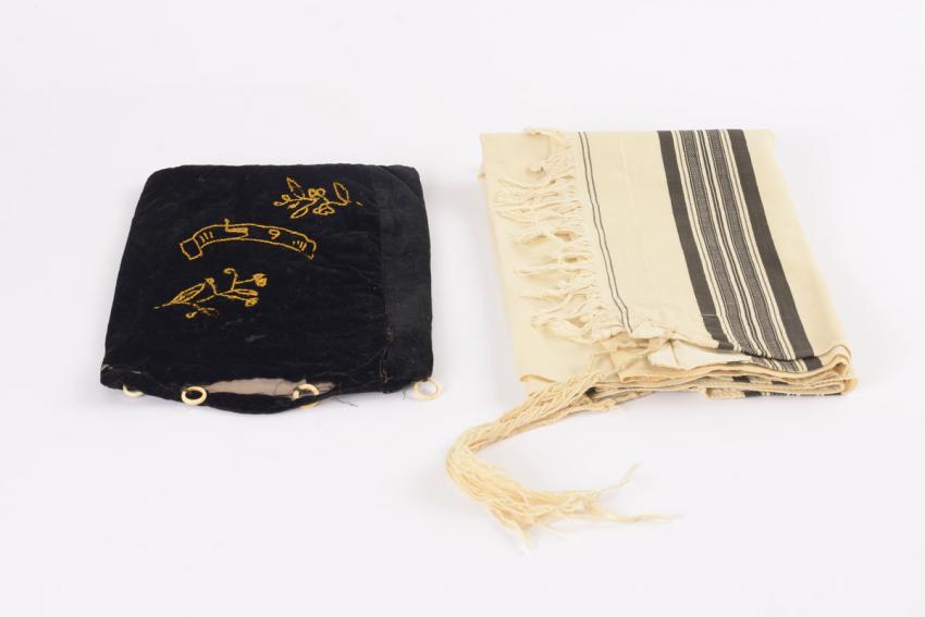 Salomon Krieser's tallit (prayer shawl) and tallit bag, which he sent to his daughters before being deported from Riversaltes to Auschwitz, where he was murdered.