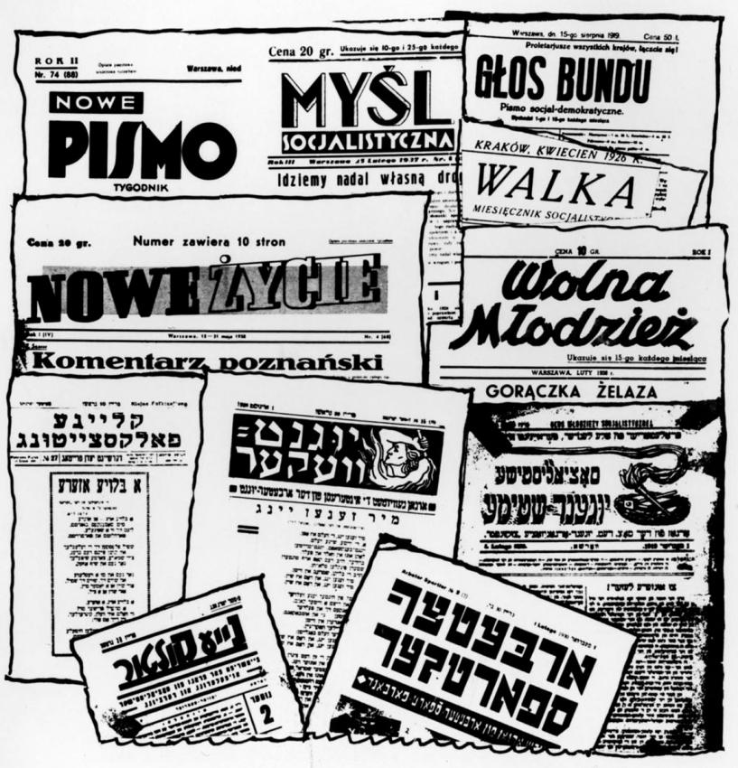 Front pages of the &quot;Bund&quot; and &quot;Zukunft&quot; newspapers in Yiddish and Polish, which were published in Poland before World War II