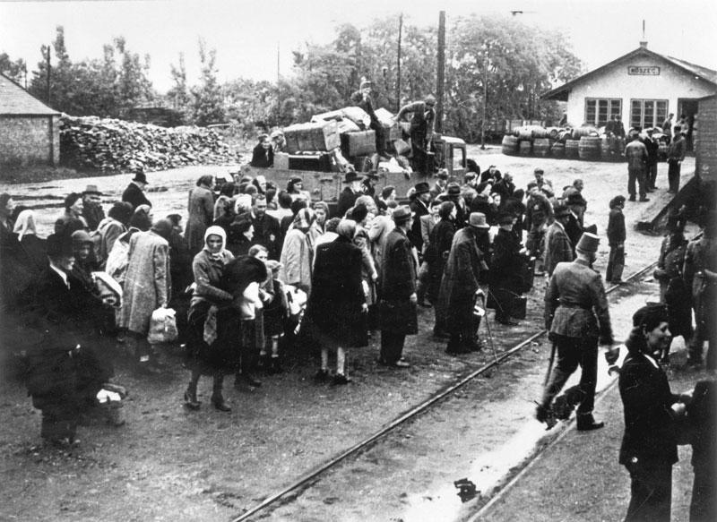 Jews from Koszez awaiting deportation train