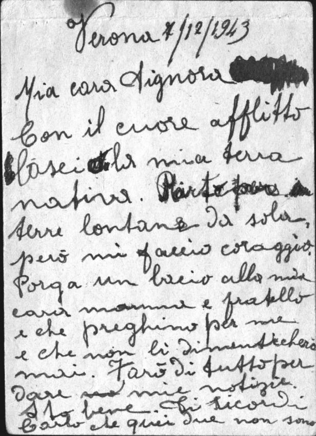 Postcard that Wanda wrote on 7.12.1943 and threw from the deportation train to Auschwitz