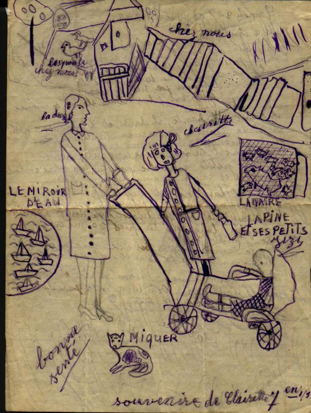 Letter that Clairette Vigder wrote to her mother in September 1943, with a picture that she drew on the back.