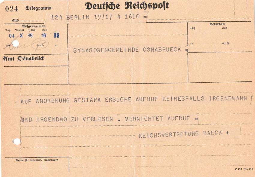 Telegram sent on 4 October 1935 asking Rabbi Leo Baeck of the Osnabrück community to cancel the reading of the liturgical sermon as per Gestapo orders