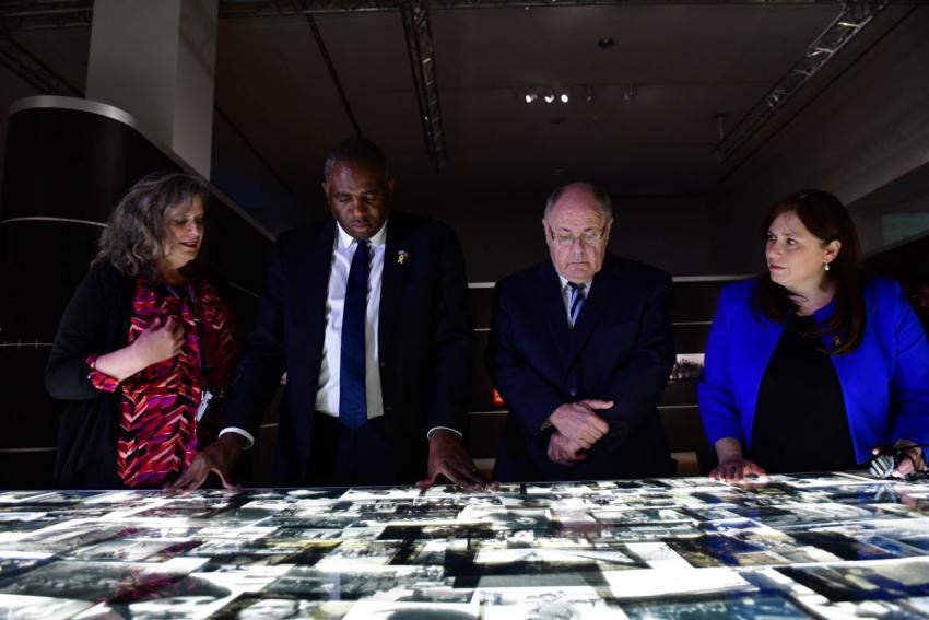 (L-R) Foreign Secretary David Lammy, Yad Vashem Chairman Dani Dayan and Amb. Tzipi Hotovely in the Flashes of Memory exhibition