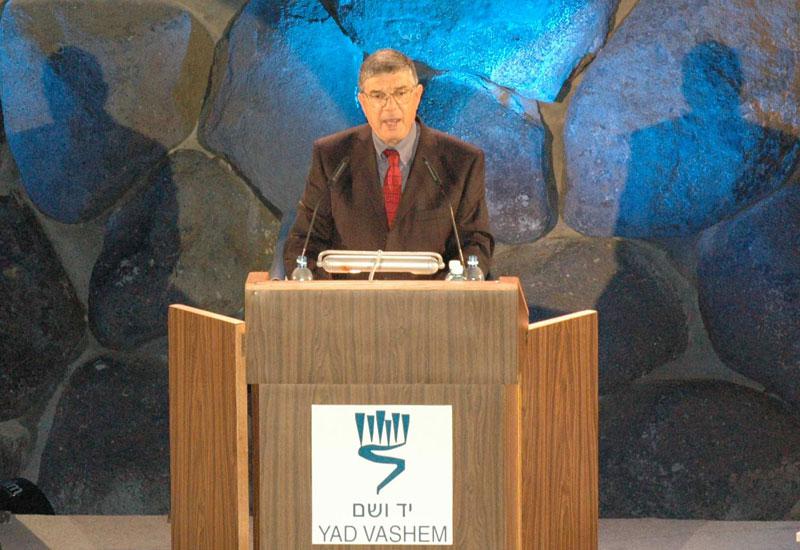 Chairman of the Yad Vashem Directorate Avner Shalev addresses the audience during the Inaugural Ceremony of the New Museum