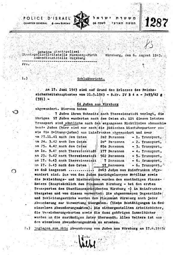 31/10/1941 Nürnberg-Fürth Gestapo orders regarding the deportation of Jews from Würzburg