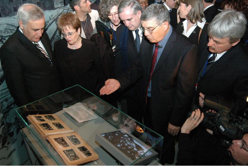 Leaders from the around the world view a gallery in the New Museum depicting the Final Solution
