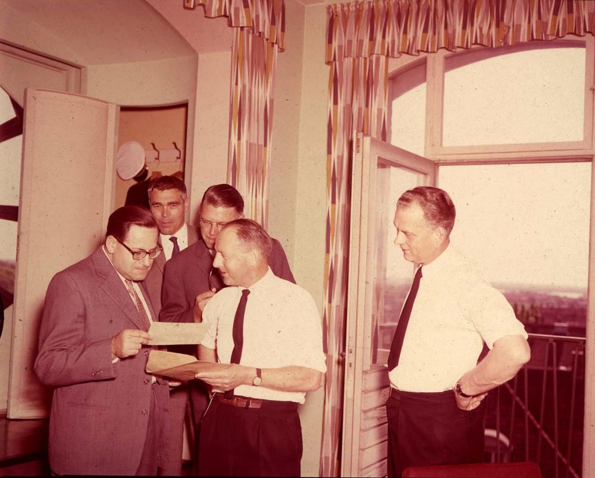 Copenhagen reunion, 1963. From left to right: Israel Alfred Gluck; unidentified policeman; police officer Konig; Nybo Fredrikson 