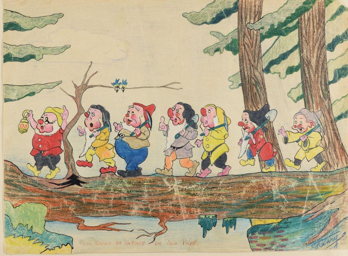 Drawing of Disney's Seven Dwarf by Henri Kichka during the Holocaust