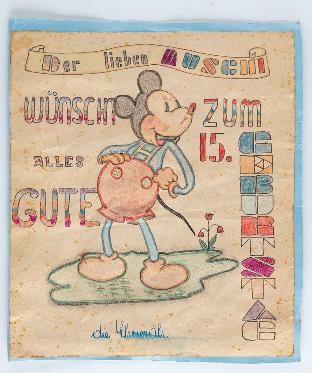 Illustrated card that Susanna Schick received on her 15th birthday, from friends with whom she sailed from Vienna on the Danube, on her way to Eretz Israel