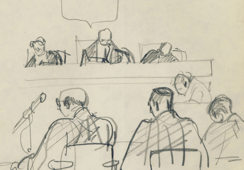 Deliberación en el Tribunal de Distrito, durante el juicio de Eichmann, 1961