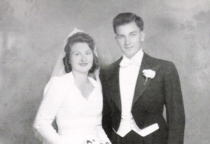 Death march survivor Mary Reichmann and Bernard Robinson on their wedding day, 17 June 1947, Dorchester, USA